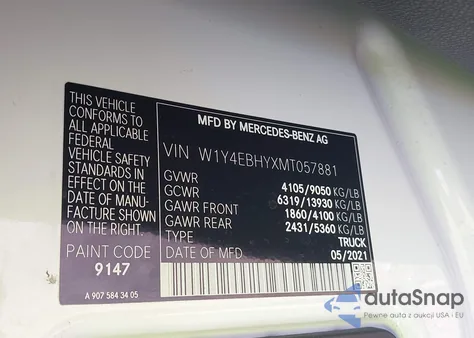 2021 Mercedes-Benz Sprinter 2500 Standard Roof V6 from USA, damaged, VIN W1Y4EBHYXMT057881